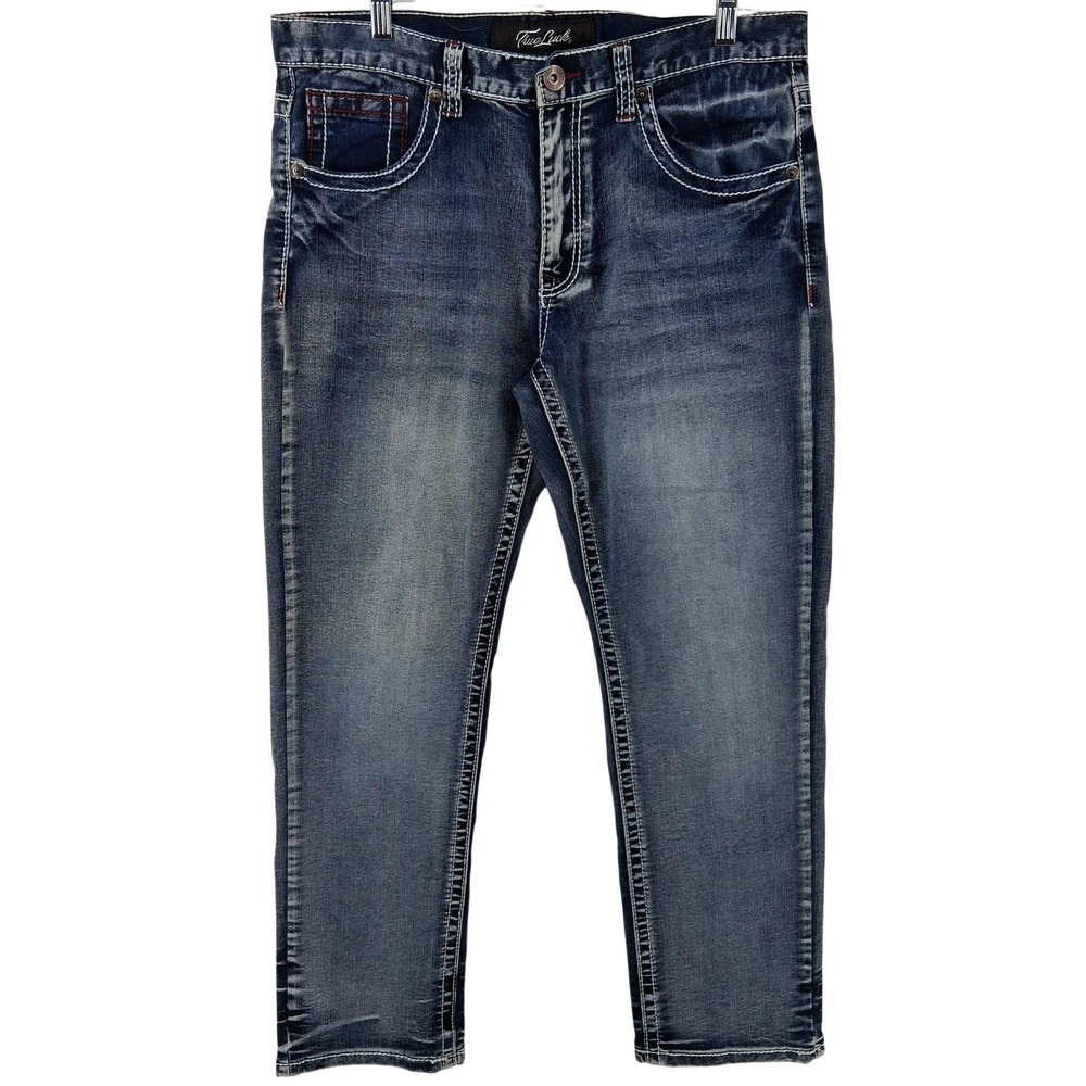 True Luck Jeans Mens 34x30 Medium Wash Blue Straight Leg Stretch Denim Casual